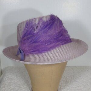 Unbranded Woman's Hat Vintage Lavender Purple Woven Fedora Feather Size 6 7/8